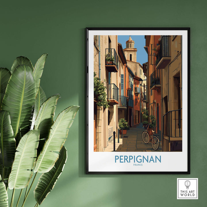 Perpignan France travel poster showcasing charming street scenes and colorful architecture in a framed wall art design.