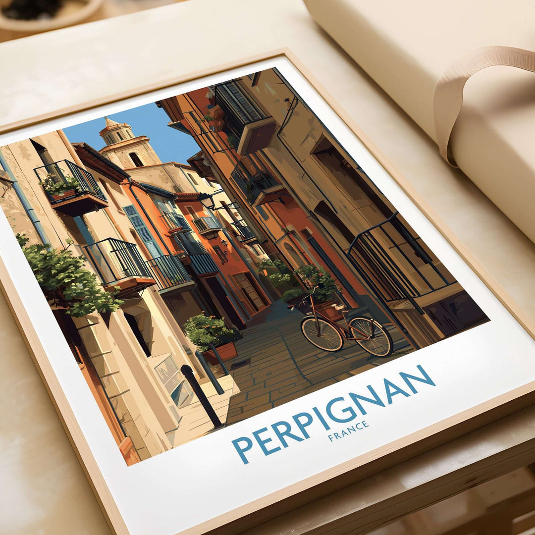 Perpignan France travel poster featuring vibrant architecture and street scenes, perfect for wall art decor.