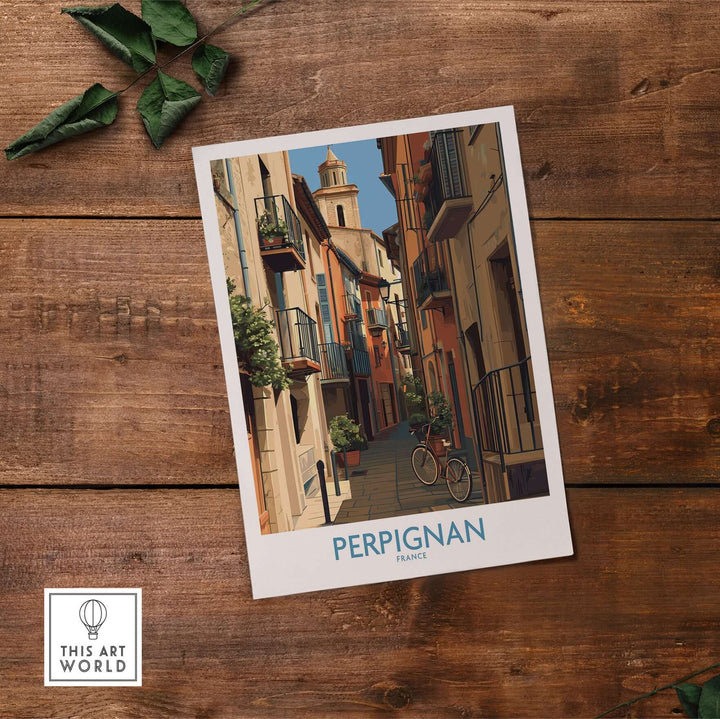 Perpignan poster with charming street scene and French architecture, perfect for travel-themed wall art.