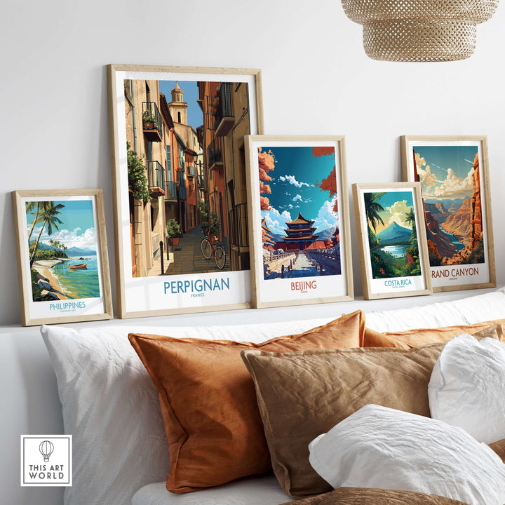 Framed travel posters including Perpignan, Beijing, Costa Rica, and Grand Canyon showcased in a stylish living room.