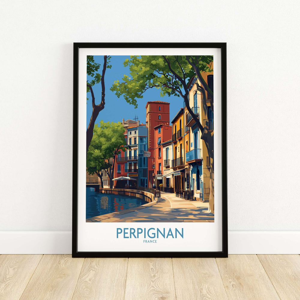 Perpignan poster showcasing vibrant French buildings and scenic canal, perfect wall art for travel enthusiasts.