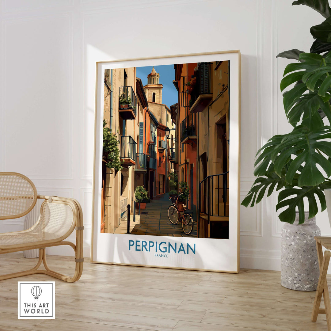 Perpignan poster depicting charming street scene in France, showcasing vibrant architecture and European elegance.