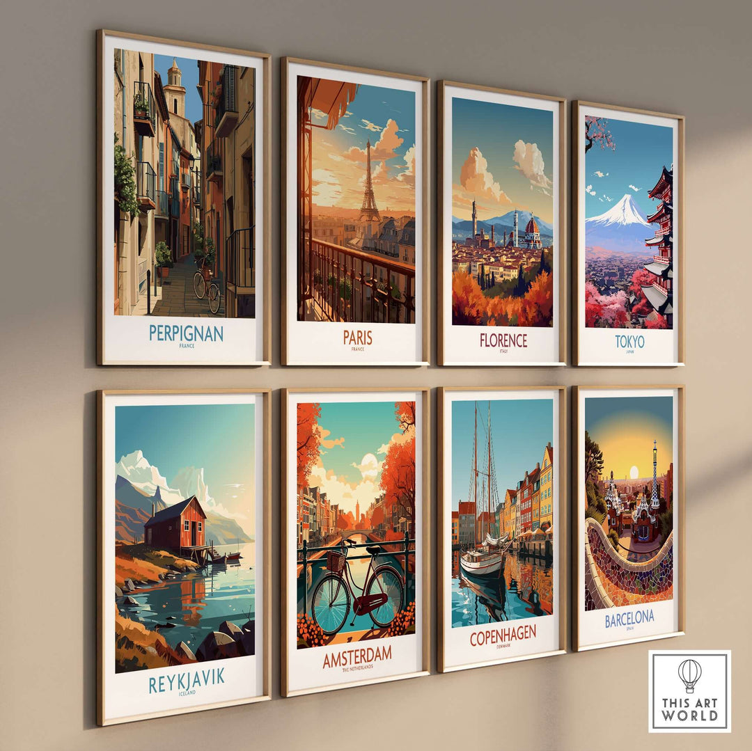 Collection of vintage travel posters including Perpignan, Paris, Florence, and Tokyo on a wall.