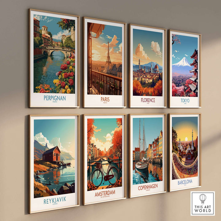 Collection of vibrant travel posters featuring Perpignan, Paris, Florence, Tokyo, Reykjavik, Amsterdam, Copenhagen, and Barcelona.