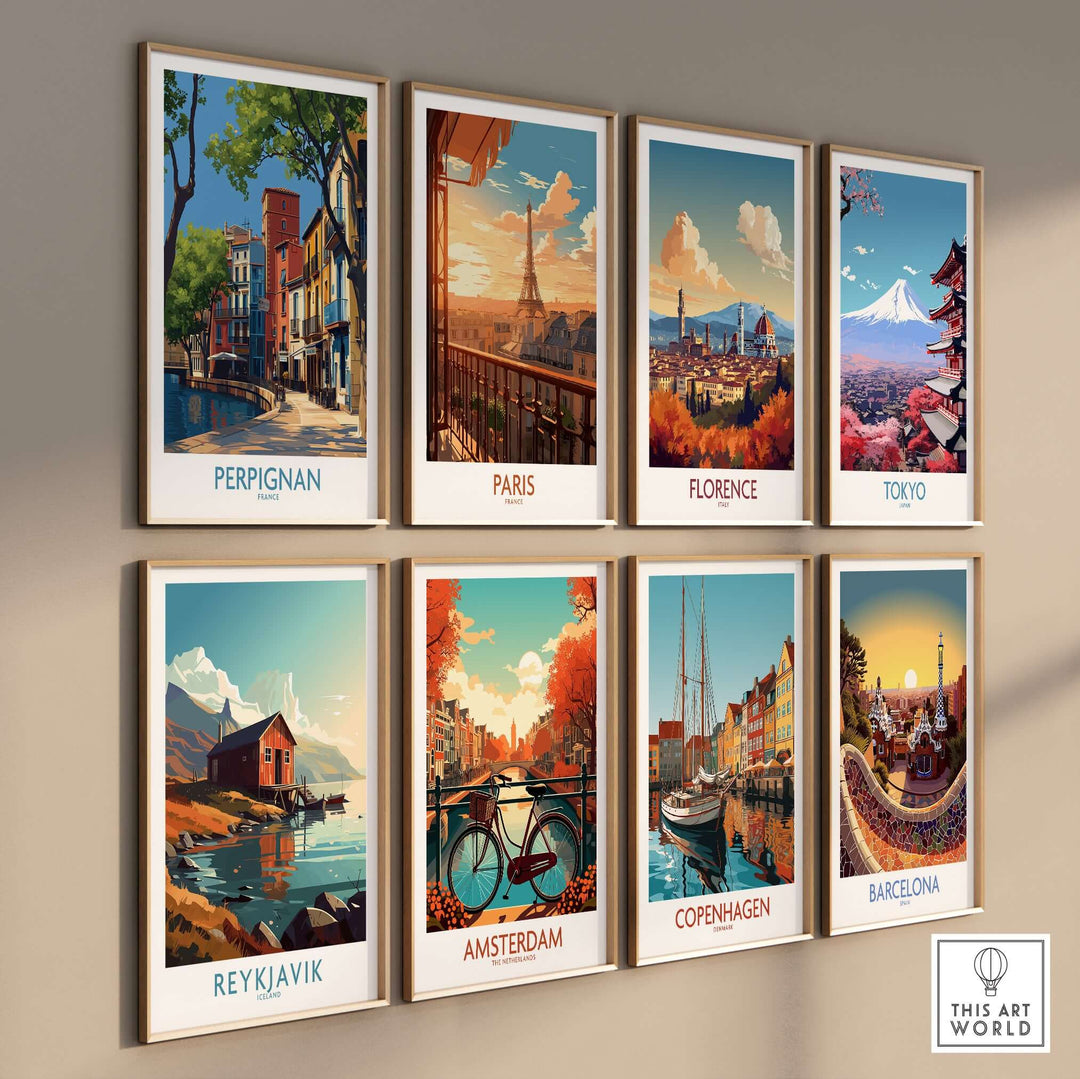 Colorful travel posters of cities including Perpignan, Paris, Florence, Tokyo, Reykjavik, Amsterdam, Copenhagen, and Barcelona.