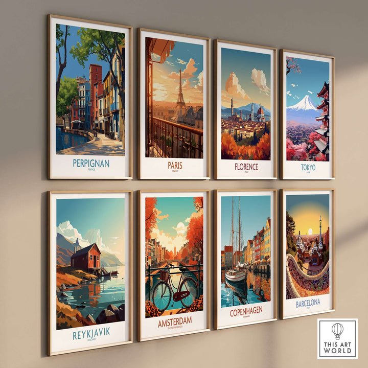 Colorful travel posters of cities including Perpignan, Paris, Florence, Tokyo, Reykjavik, Amsterdam, Copenhagen, and Barcelona.