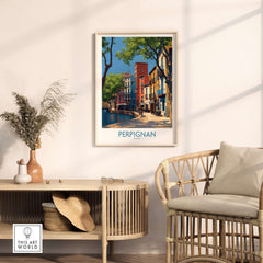 Perpignan Poster - France Travel Print - French Buildings Wall Art displayed in a stylish living room setting.