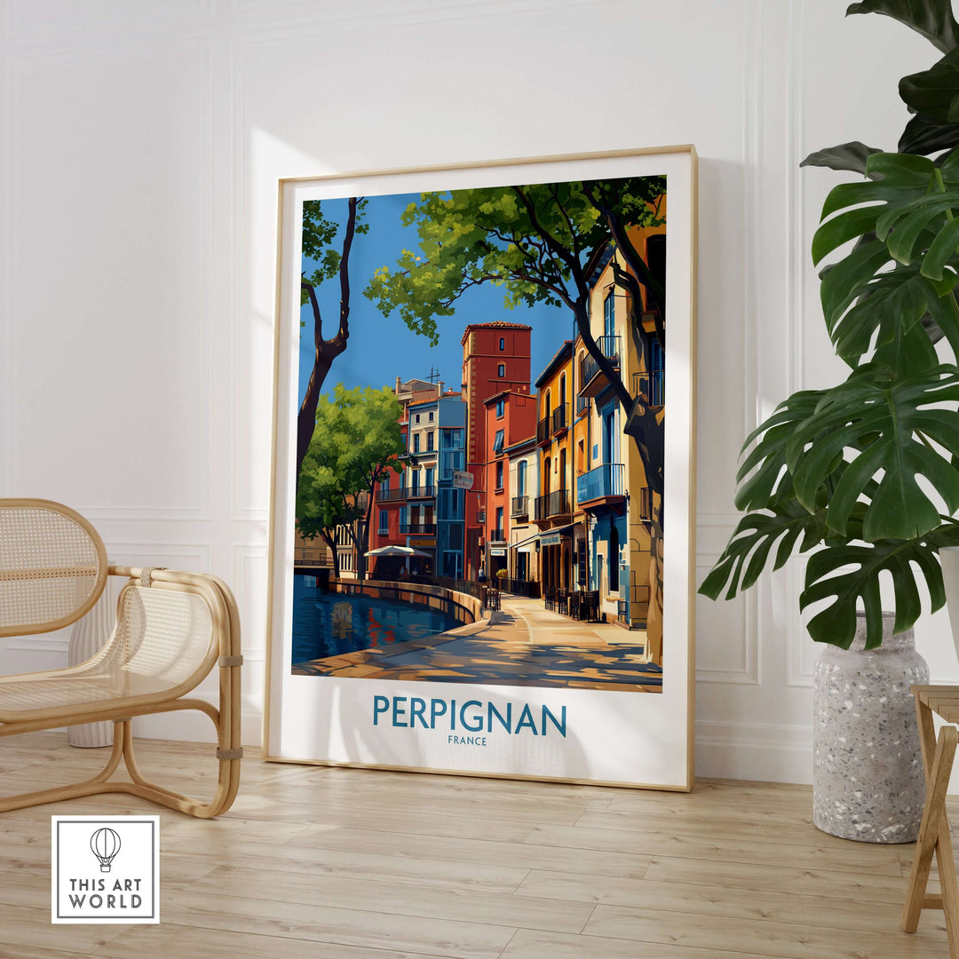 Perpignan poster showcasing French buildings and vibrant architecture in a stylish home setting