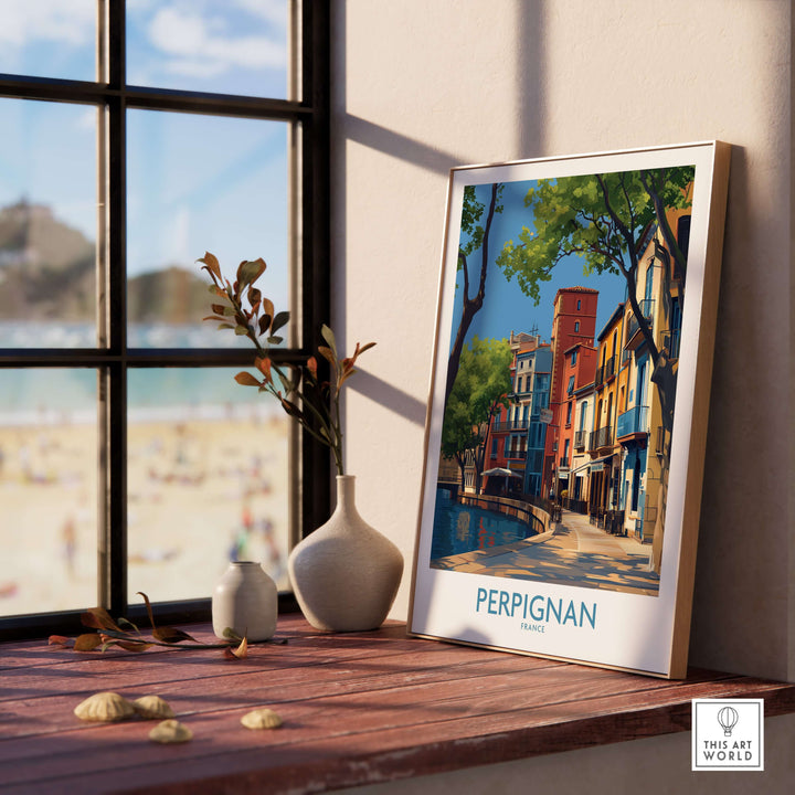 Perpignan travel poster showcasing vibrant French buildings by a window, adding elegance to home decor.