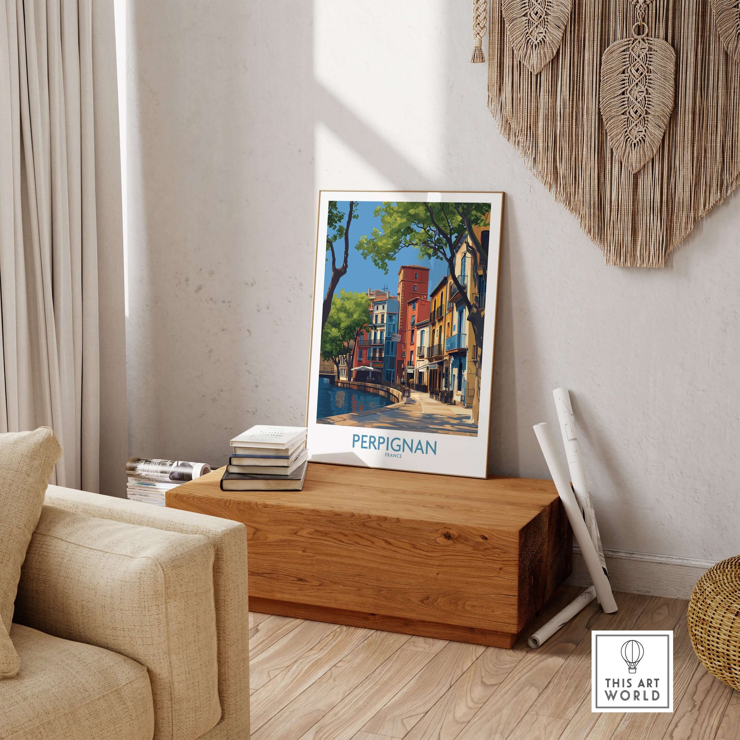 Perpignan Poster - France Travel Print - French Buildings Wall Art displayed in a cozy living room setting.