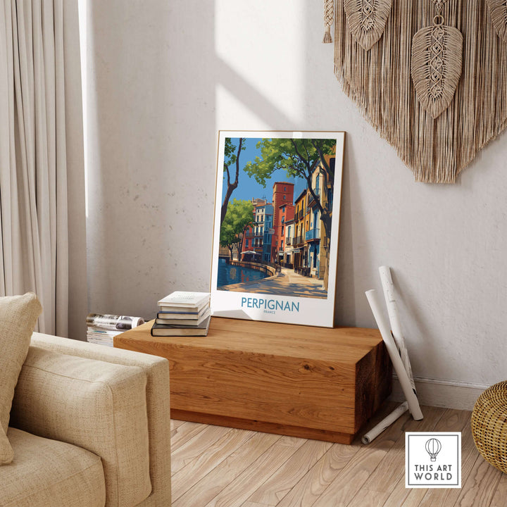 Perpignan travel poster showcasing iconic French buildings in a stylish interior setting.