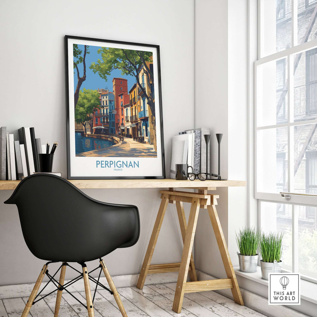 Perpignan wall art poster showcasing French buildings in a stylish office setting.
