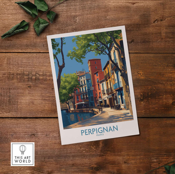 Perpignan poster showcasing colorful French buildings along a serene canal, perfect for home or office decor.