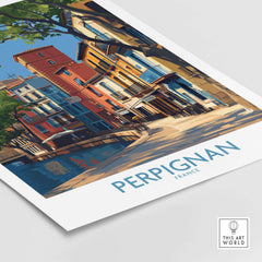Perpignan Poster - France Travel Print - French Buildings Wall Art showcasing vibrant buildings along a scenic canal.