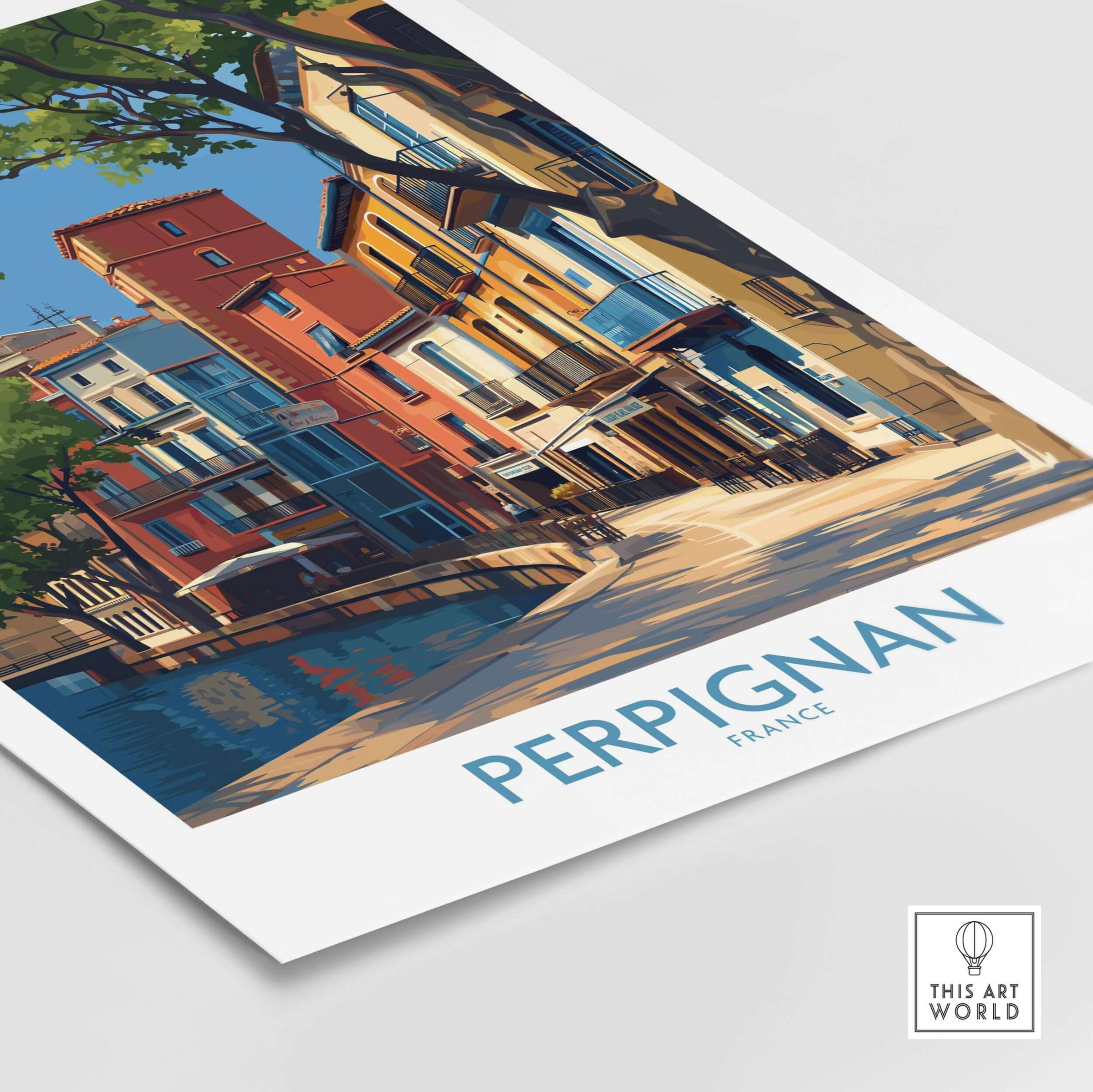 Perpignan Poster - France Travel Print - French Buildings Wall Art showcasing vibrant buildings along a scenic canal.
