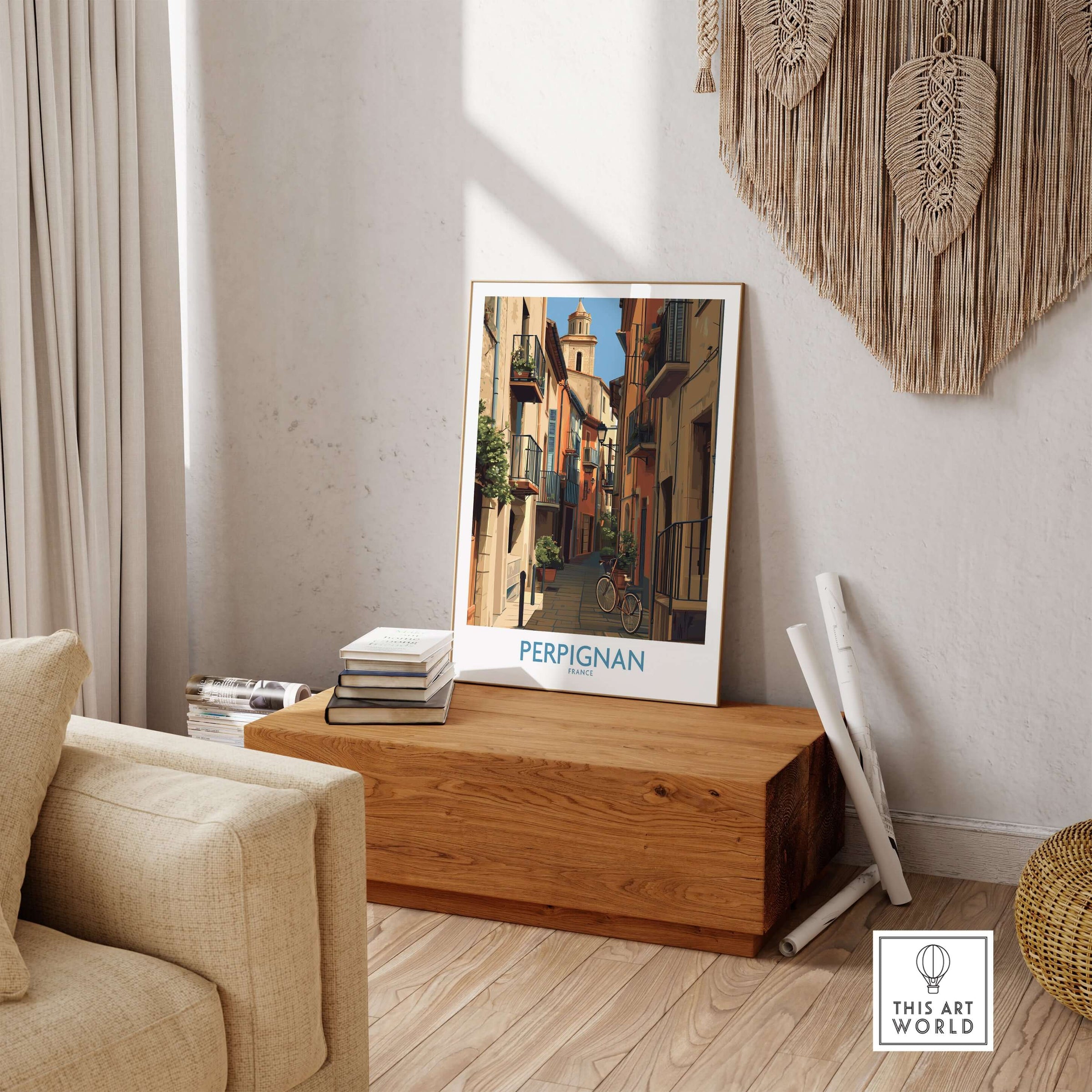 Perpignan Poster - France Travel Print - French Wall Art displayed in a stylish home interior with charming decor.