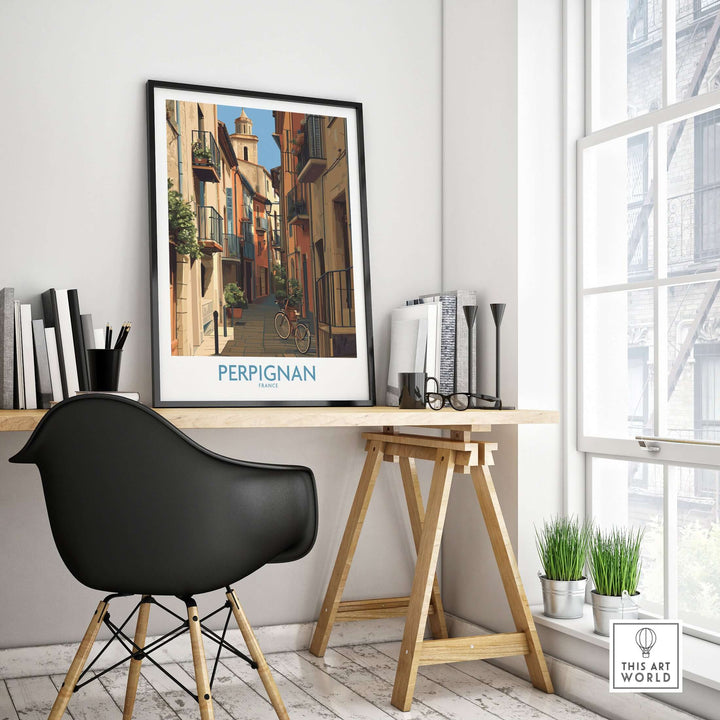 Perpignan poster showcasing charming French architecture in a stylish home office setting.
