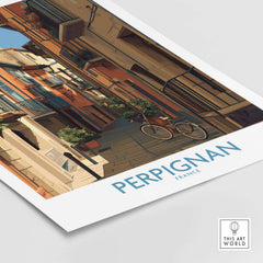 Perpignan Poster - France Travel Print - French Wall Art featuring charming street scene and vibrant architecture.