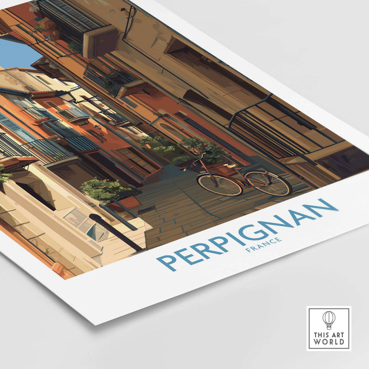 Perpignan poster featuring charming streets and bicycle, perfect French wall art for travel enthusiasts.