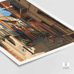Perpignan Poster - French Village Art Print - Wall Decor featuring a picturesque street and bicycle in a charming village setting.