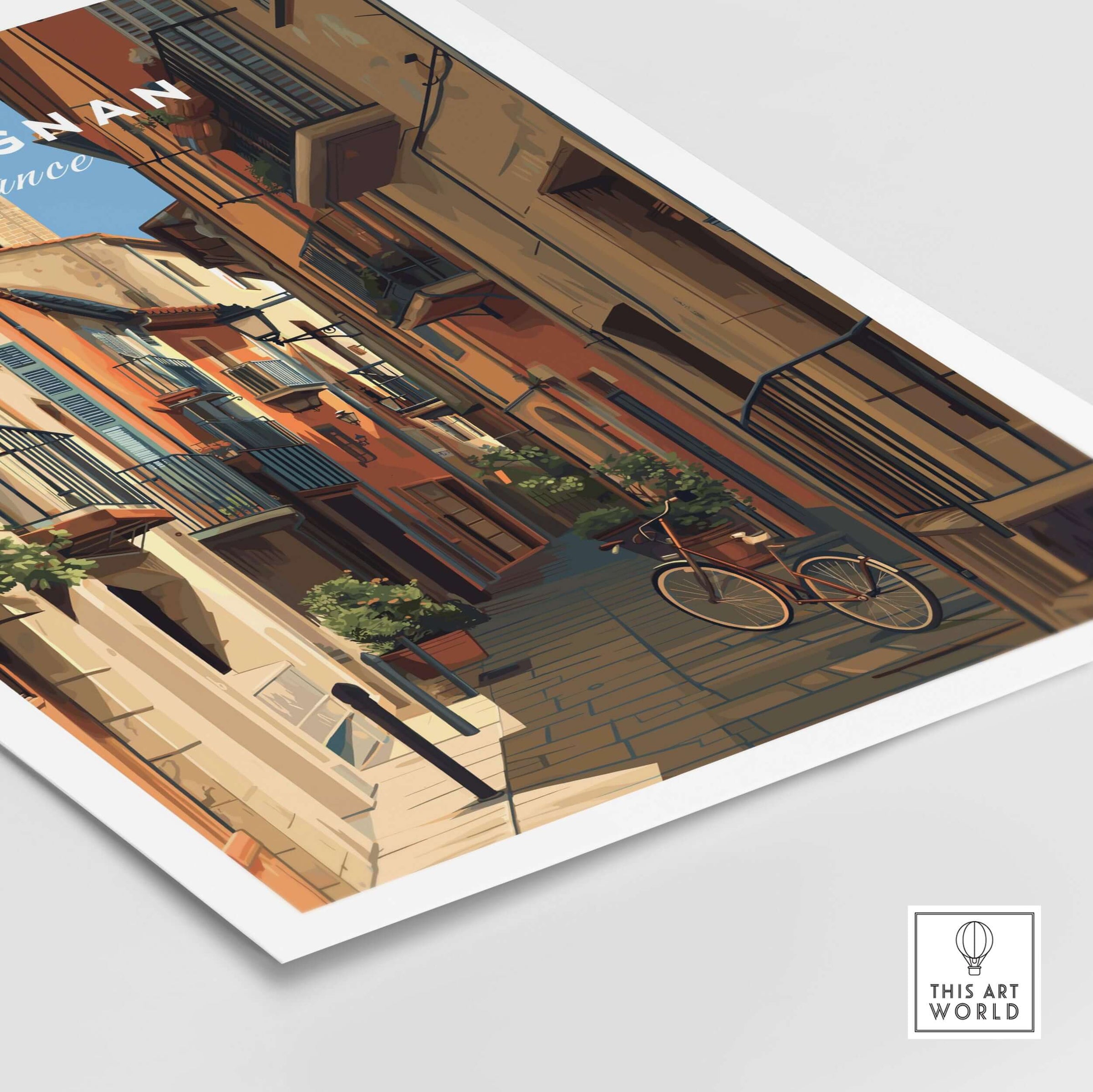 Perpignan Poster - French Village Art Print - Wall Decor featuring a picturesque street and bicycle in a charming village setting.