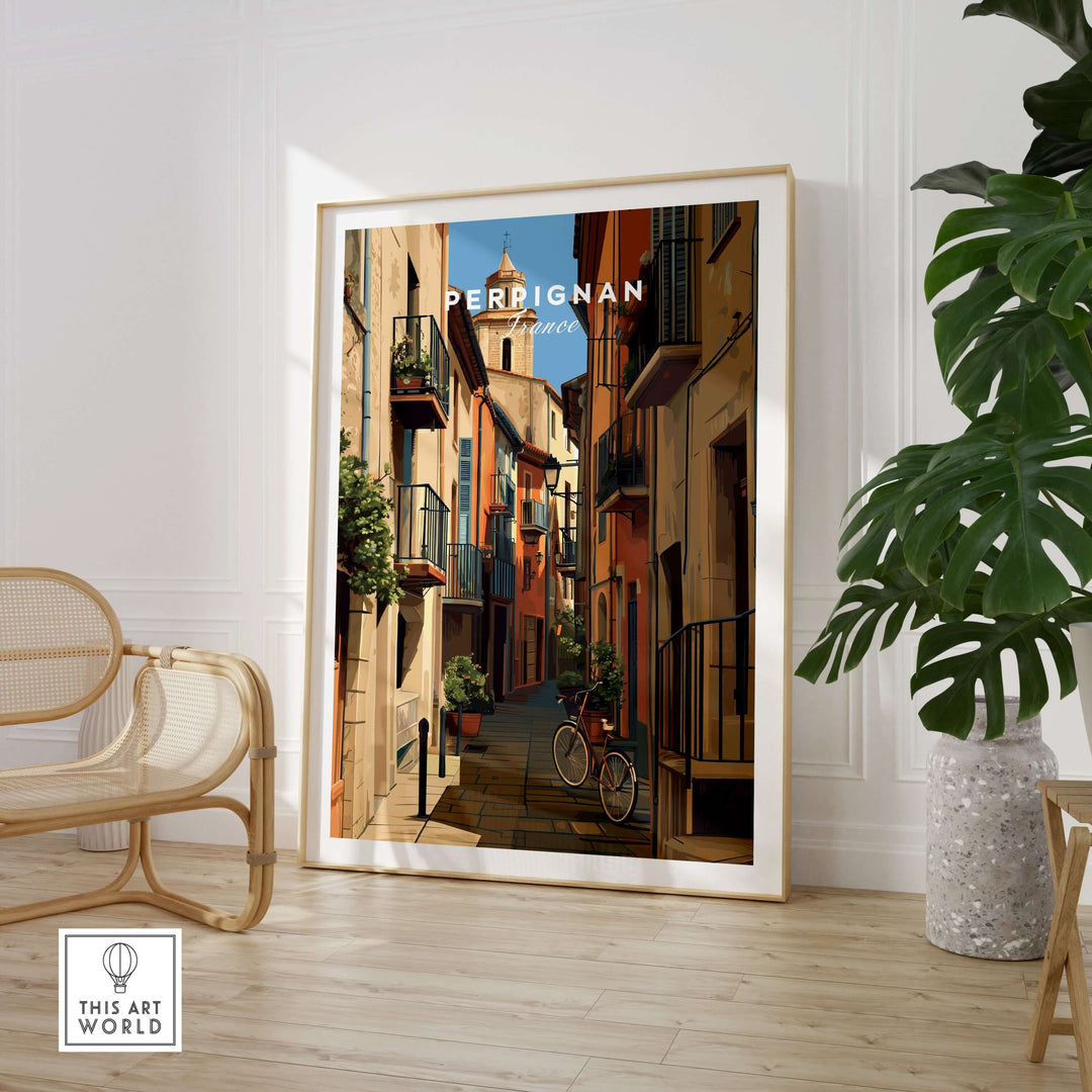 Perpignan poster art print showcasing a picturesque French village street, perfect for wall decor.