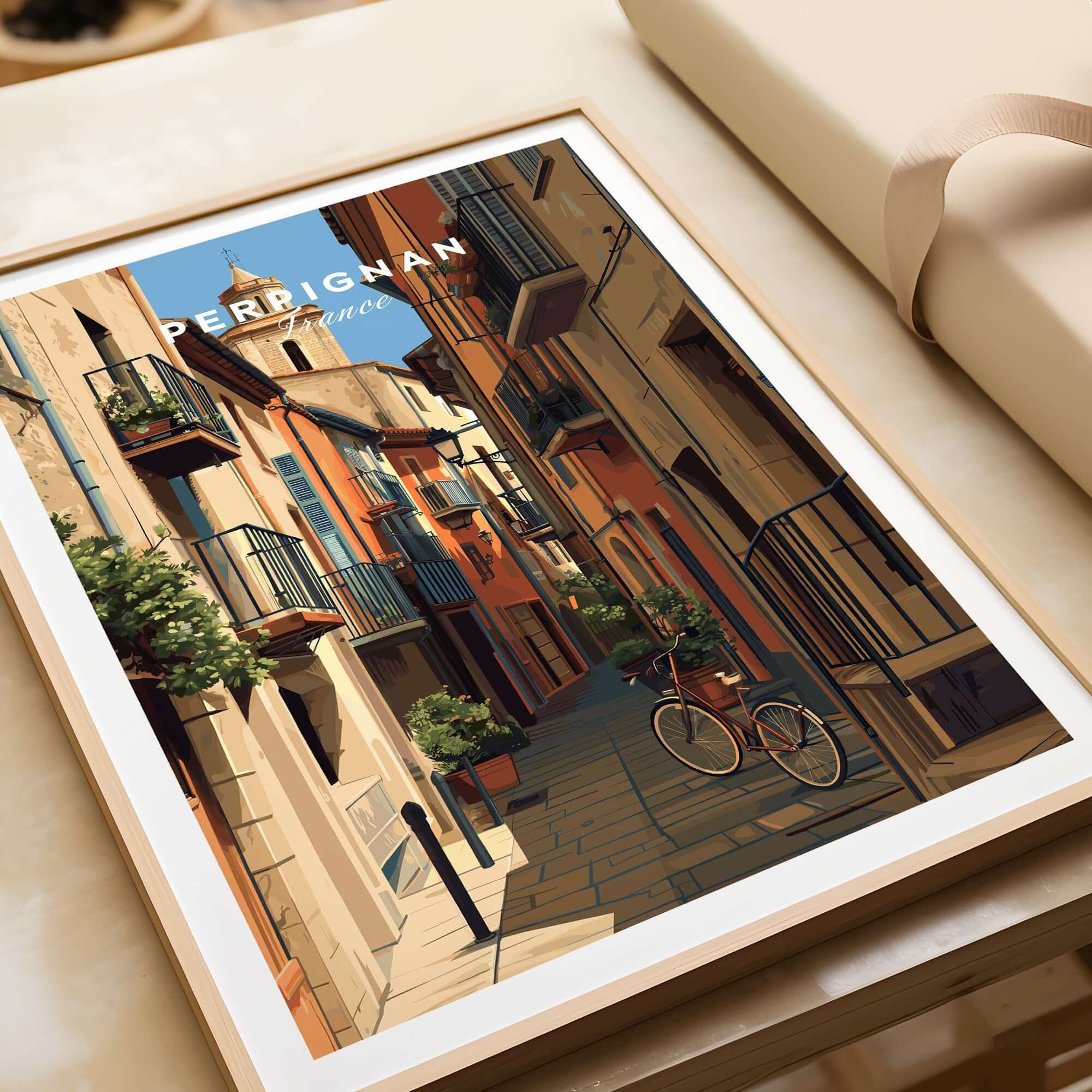 Perpignan Poster - French Village Art Print - Wall Decor featuring a charming narrow street with a bicycle and balconies.