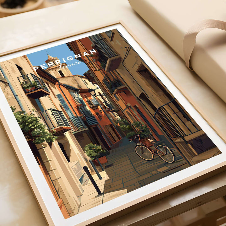 Perpignan poster art print showcasing a charming French village street with a bicycle and picturesque architecture.