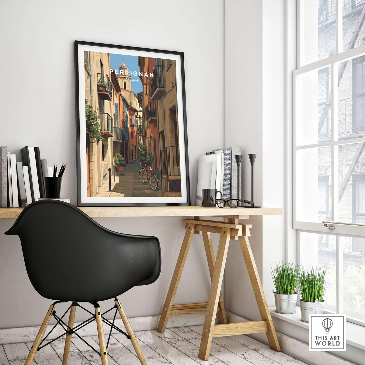 Perpignan Poster - French Village Art Print - Wall Decor displayed in a stylish home office setting with a bike by the stairs.