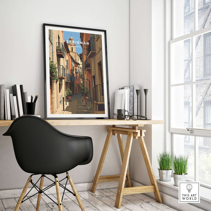 Perpignan poster hung in modern workspace, showcasing French village charm and elegance in wall decor.