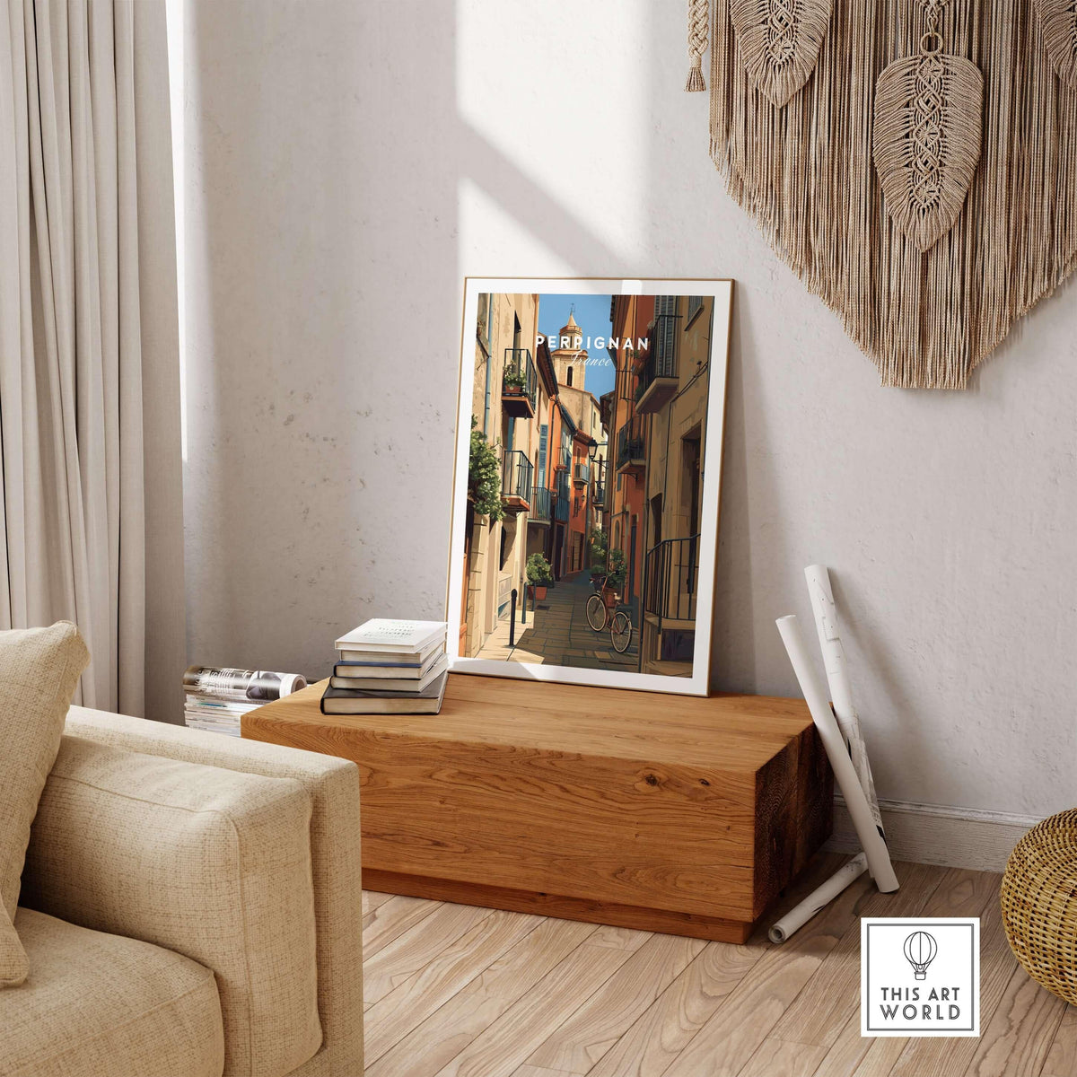 Perpignan Poster - French Village Art Print - Wall Decor displayed in a cozy living room setting.
