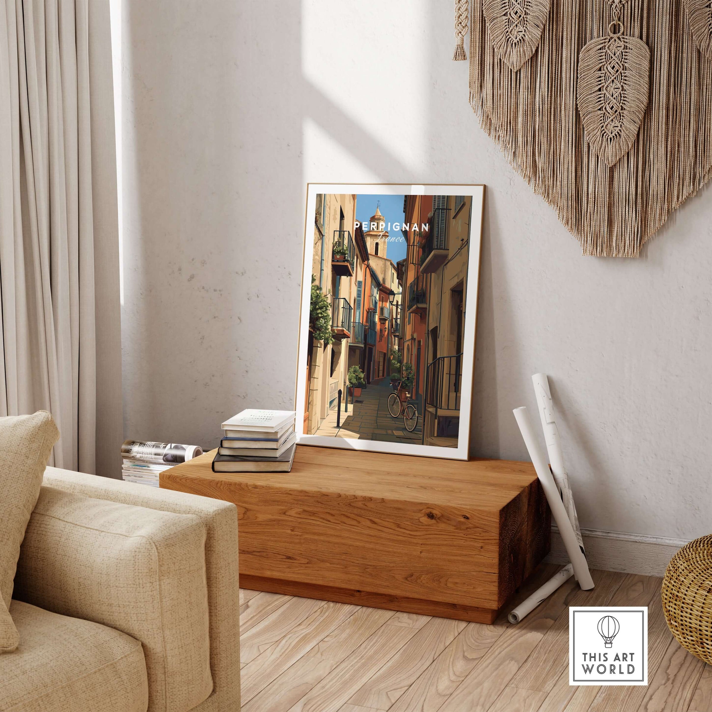 Perpignan Poster - French Village Art Print - Wall Decor displayed in a cozy living room setting.