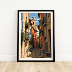 Perpignan Poster - French Village Art Print - Wall Decor featuring a scenic street with a bicycle.