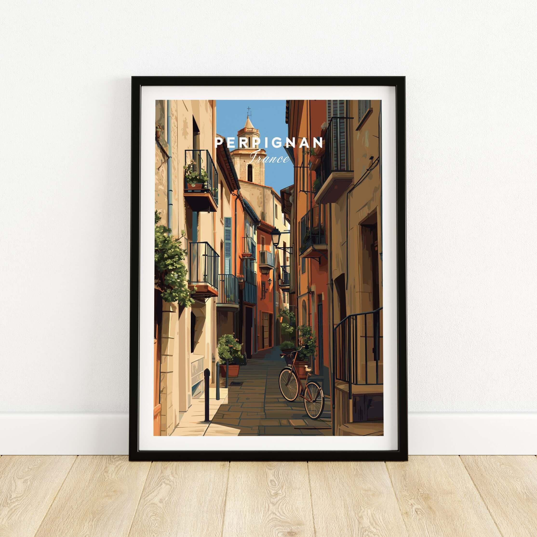 Perpignan Poster - French Village Art Print - Wall Decor featuring a scenic street with a bicycle.
