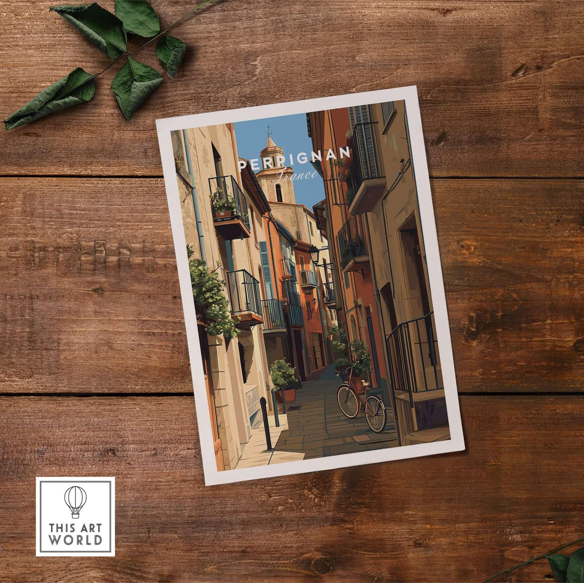 Perpignan Poster - French Village Art Print - Wall Decor showcasing a charming street scene in a picturesque village.