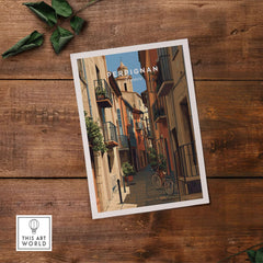 Perpignan Poster - French Village Art Print - Wall Decor showcasing a charming street scene in a picturesque village.