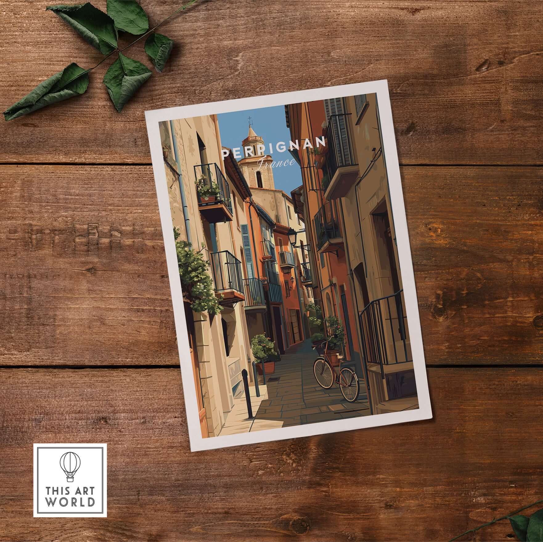 Perpignan Poster - French Village Art Print - Wall Decor showcasing a charming street scene in a picturesque village.