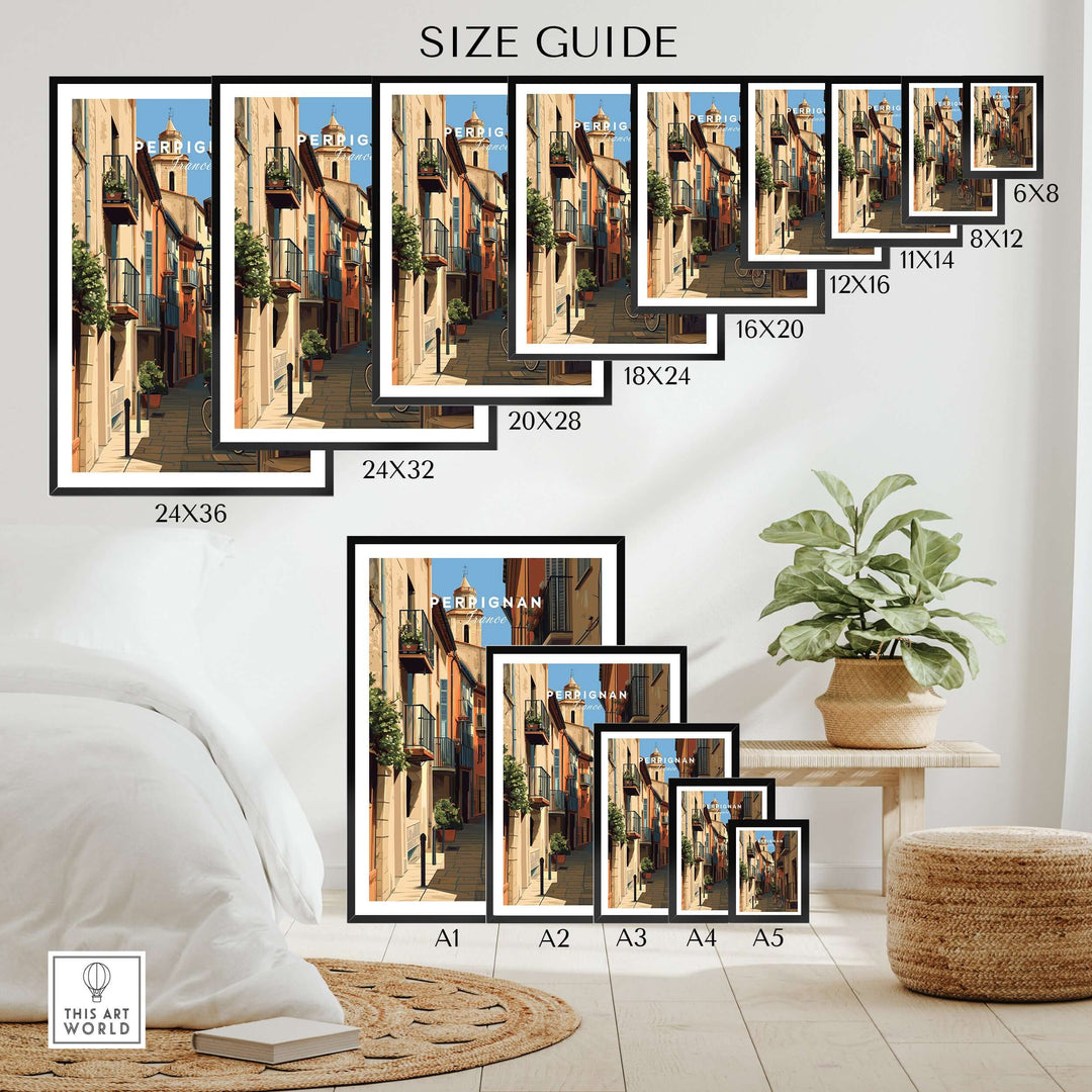 Size guide for Perpignan poster art print showcasing various frame sizes for wall decor.