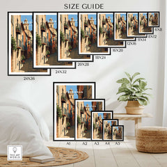 Perpignan Poster - French Village Art Print - Wall Decor size guide displaying various frame sizes.