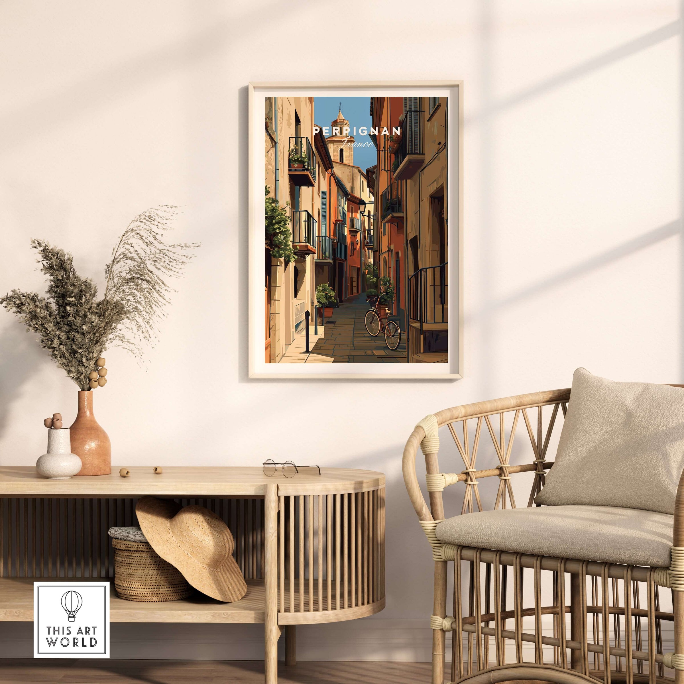 Perpignan Poster - French Village Art Print - Wall Decor showcasing vibrant street life in Perpignan.
