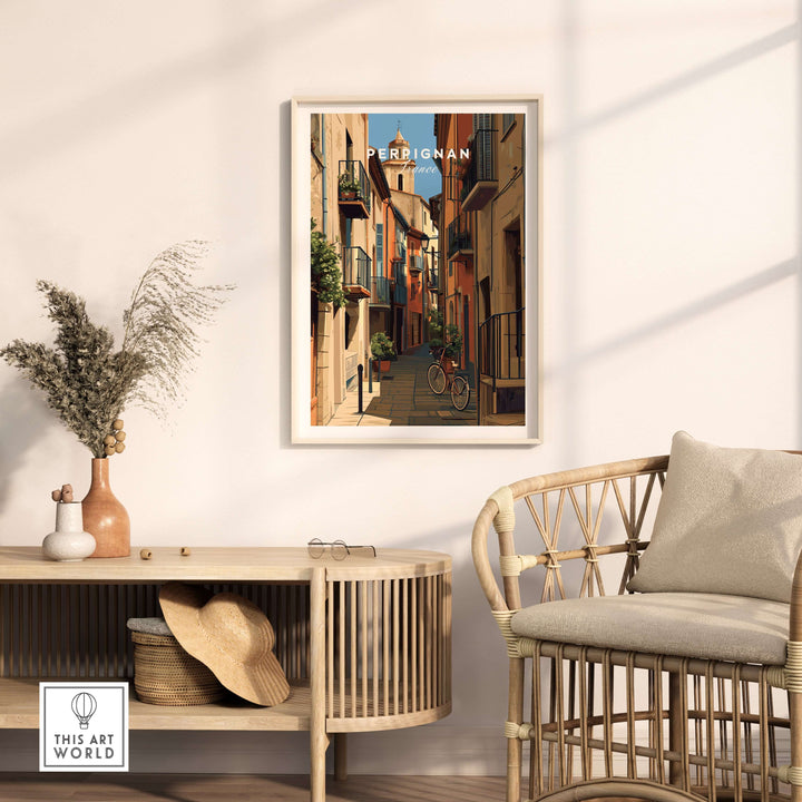 Perpignan poster art print showcasing French village life in a stylish interior setting.