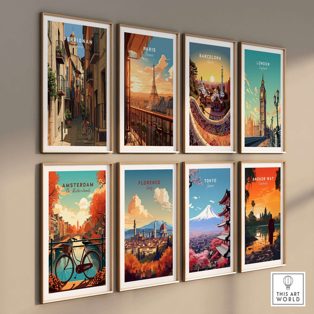Collection of European city art prints, including Perpignan, Paris, and Barcelona, featured as wall decor.