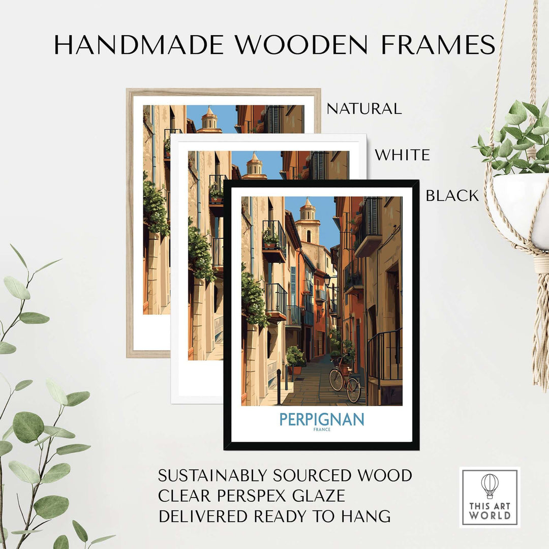 Handmade wooden frames in natural, white, and black for Perpignan poster, featuring sustainably sourced wood and clear glaze.