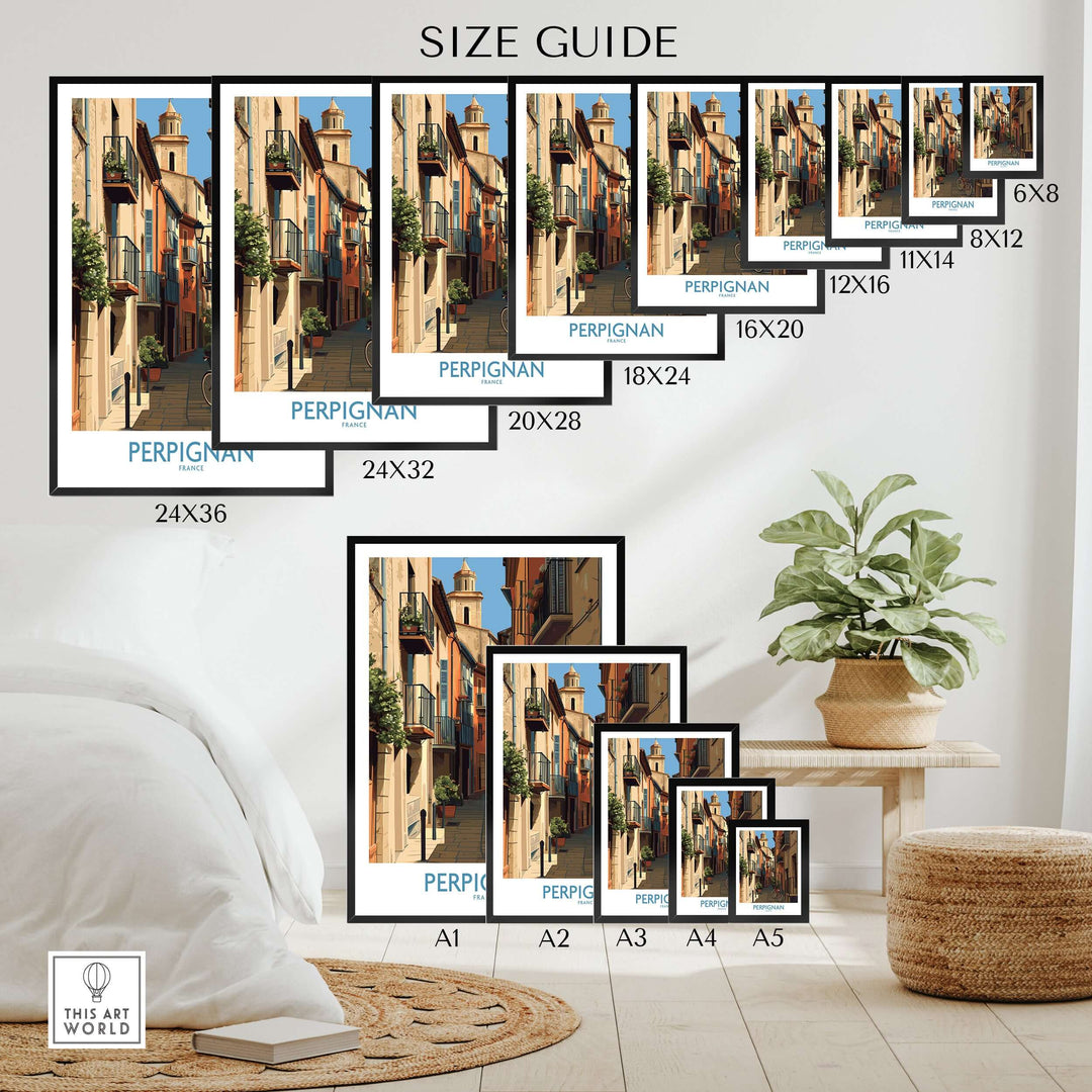 Size guide for Perpignan poster featuring various frame sizes and charming French architecture.