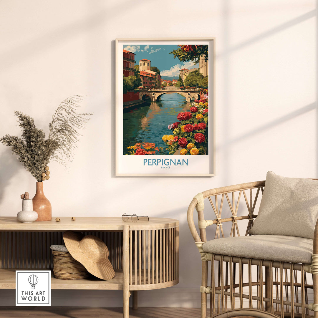 Perpignan River poster showcasing a vibrant bridge and flowers, perfect for France travel decor.