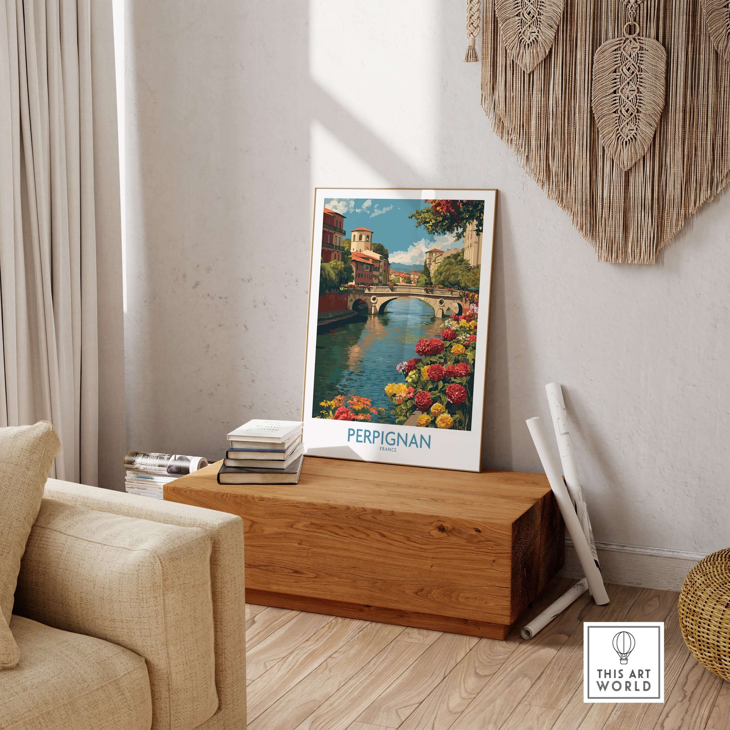 Perpignan River Poster - France Travel Print - Bridge and Flowers Wall Art displayed in a stylish living room setting.