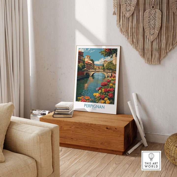 Perpignan River poster featuring a colorful bridge and flowers, perfect for home decor and France travel inspiration.
