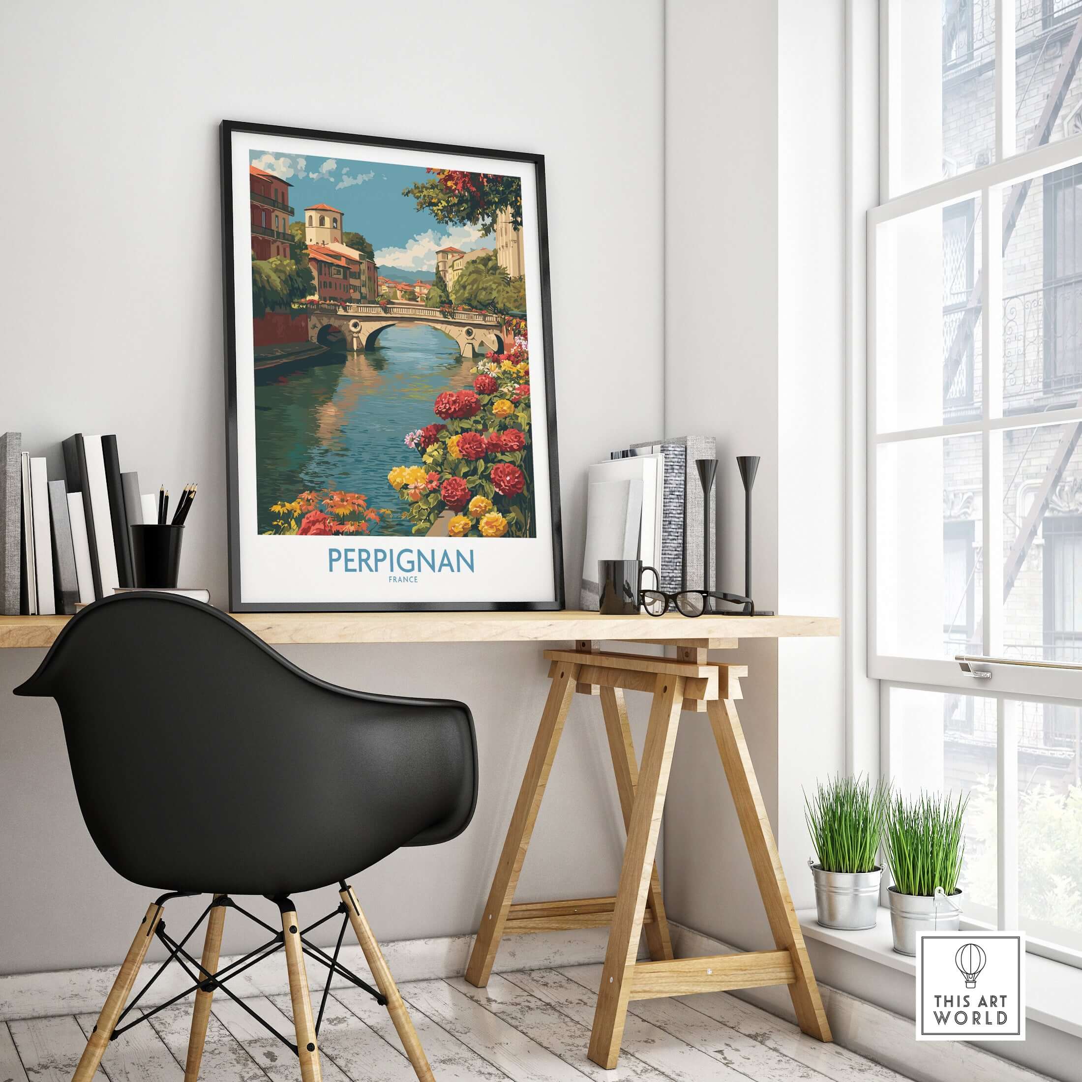 Perpignan River Poster - France Travel Print - Bridge and Flowers Wall Art showcased on a modern desk in a stylish room.
