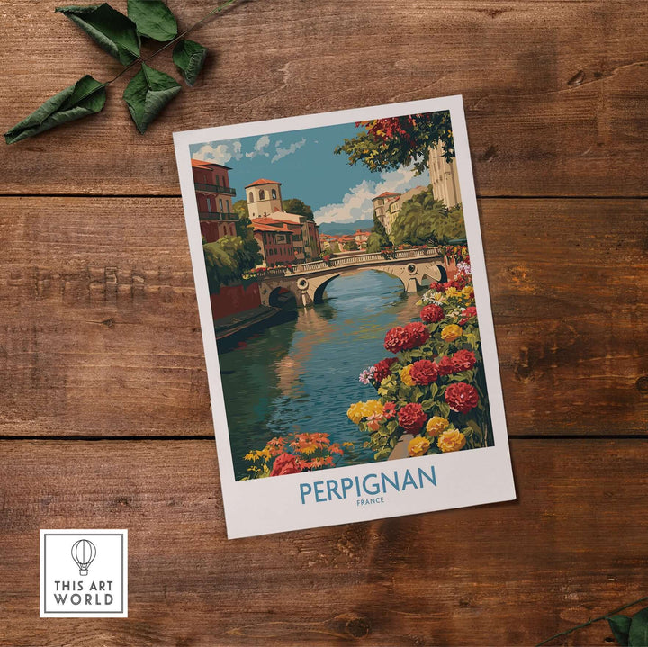 Perpignan River poster showcasing a bridge and colorful flowers, vibrant France travel wall art decoration.