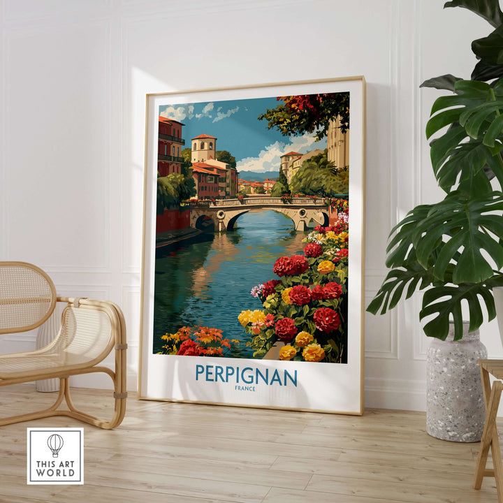 Perpignan River poster showcasing a bridge surrounded by vibrant flowers, ideal for home decor. France travel print.